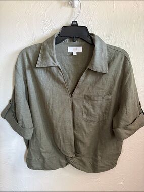 Kut from the Kloth Olive Green Button-Front Linen-Blend Shirt